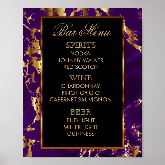 Bar Menu - Paarse en gouden marmer en zwart Poster (Voorkant)