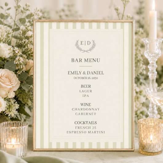 Bar Menu Salie Groen Gestreept Monogram Huwelijk Poster