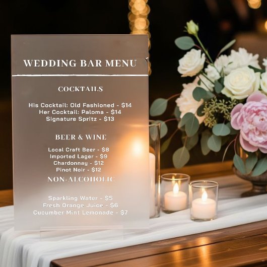 Bar menu sign wedding acryl bord