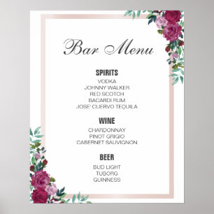 BAR MENU-teken   Bourgogne floral   trouwbar Poster
