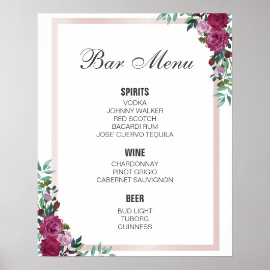 BAR MENU-teken | Bourgogne floral | trouwbar Poster (Voorkant)