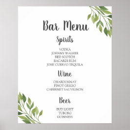 BAR MENU-teken | groene botanische bruiloft Poster