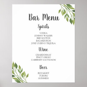 BAR MENU-teken   groene botanische bruiloft Poster