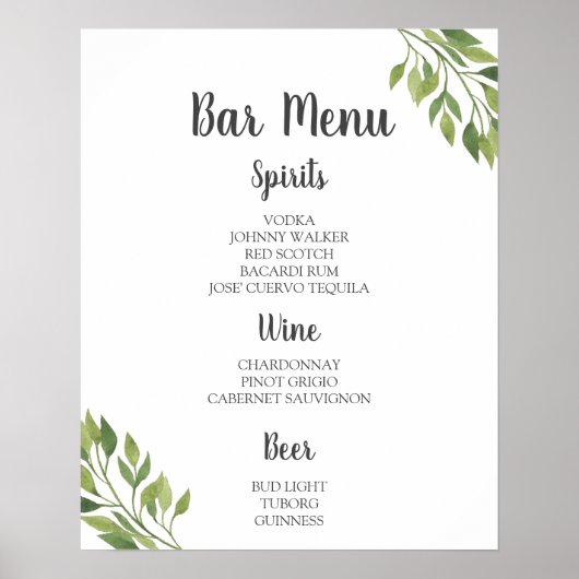 BAR MENU-teken | groene botanische bruiloft Poster (Voorkant)