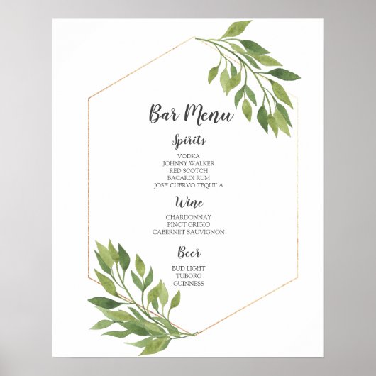 BAR MENU-teken | groene en gouden botanische bruil Poster (Voorkant)