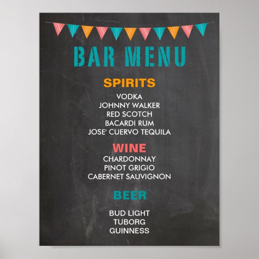 BAR MENU-teken voor trouwfesta op karton Poster (Voorkant)