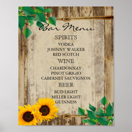 Bar Menu voor een bruiloft - Zonnebloem Poster (Voorkant)