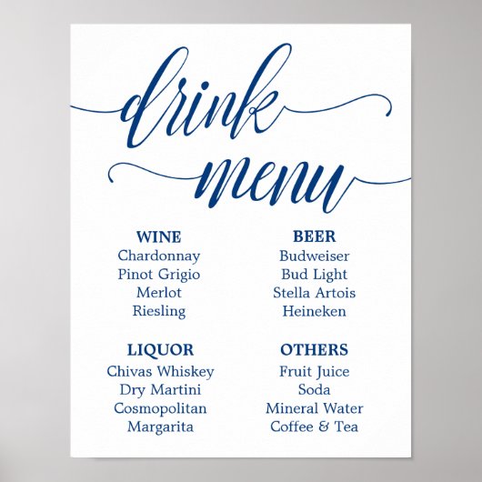 Bar Menu Wedding Sign Navy Blue Calligraphy Poster (Voorkant)