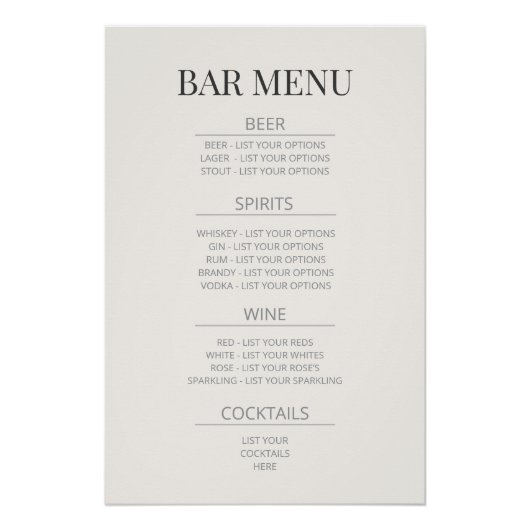 ‘Bar Menu’ Wedding Sign | Warm Ivory Perfect Poster (Voorkant)