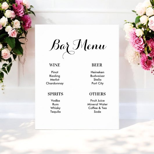Bar Menu Zwart Wit Bruiloft Drinken Poster