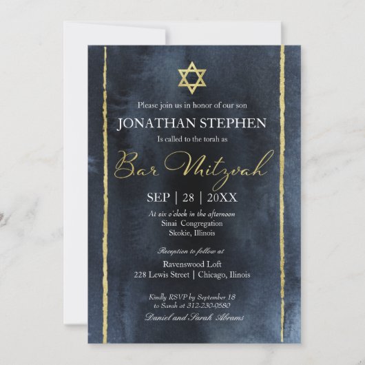 Bar Mitswa aquarel uitnodiging | Abstract blauw (Voorkant)