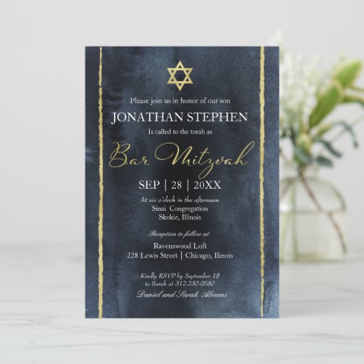 Bar Mitswa aquarel uitnodiging | Abstract blauw (Staand voorkant)