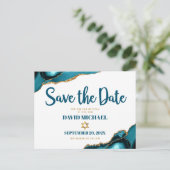 Bar Mitswa Bewaar de Datum Turquoise Agate Script Uitnodiging Briefkaart (Staand voorkant)
