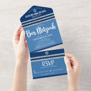 Bar Mitswa Blau Zilver Tallit Modern Vet Schrift All In One Uitnodiging