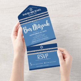 Bar Mitswa Blau Zilver Tallit Modern Vet Schrift All In One Uitnodiging