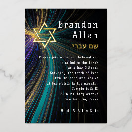 Bar Mitswa Blauw en Gouden Stralen Folie Uitnodiging