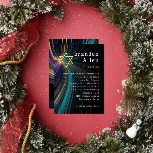 Bar Mitswa Blauwe en gouden stralen Folie Uitnodiging (Insitu)