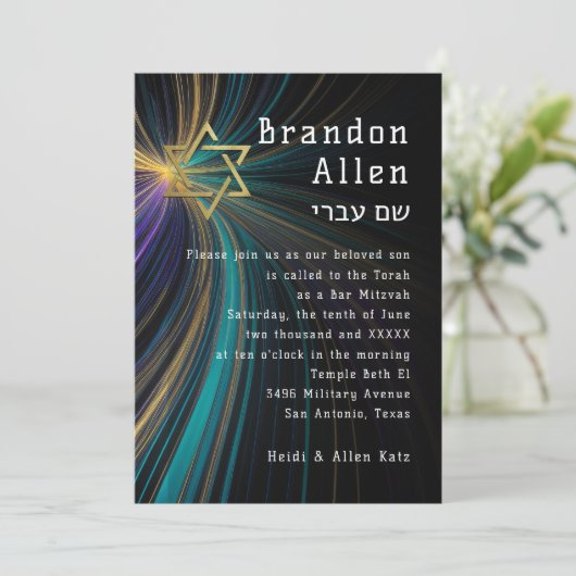 Bar Mitswa Blauwe en gouden stralen Kaart (Staand voorkant)