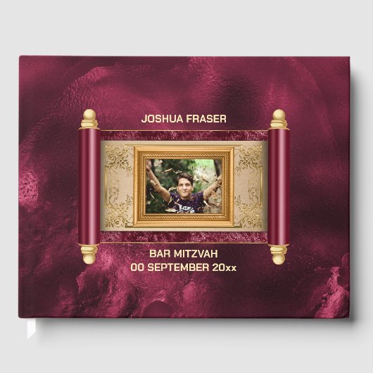 Bar mitswa bordeaux marmer goud scroll foto chic gastenboek (Voorkant)
