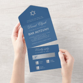 Bar Mitswa Klassiek Blauw Nep Zilver Ster Schrift All In One Uitnodiging