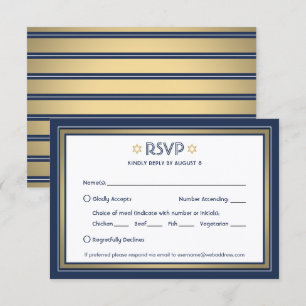 Bar Mitswa maaltijd opties Navy blauw Wit en Goud RSVP Kaartje