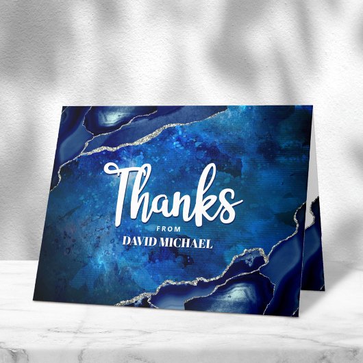 Bar Mitswa Modern Blau Agate Waterverf Script  Bedankkaart