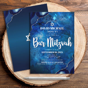 Bar Mitswa Modern Blauw Aquarel Agate Schrift Kaart