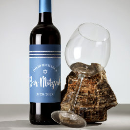 Bar Mitswa Modern Blauw Zilver Tallit Krachtig Sch Wijn Etiket