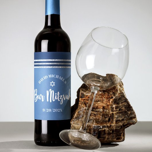 Bar Mitswa Modern Blauw Zilver Tallit Krachtig Sch Wijn Etiket