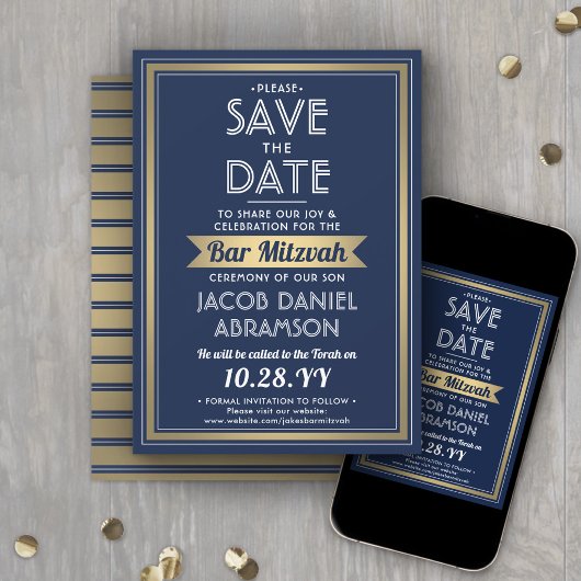 Bar Mitswa modern marineblauw wit namaakgoud Save The Date