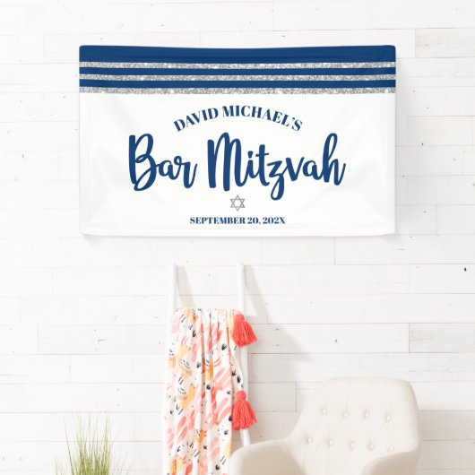 Bar Mitswa Modern marineblauw zilver tallit schrif Spandoek (Insitu)