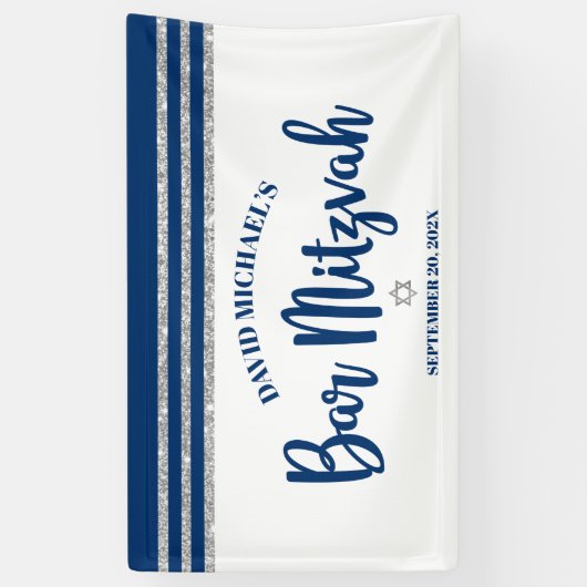 Bar Mitswa Modern marineblauw zilver tallit schrif Spandoek (Verticaal)