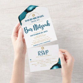 Bar Mitswa Modern Turquoise Agaat Script Feestje All In One Uitnodiging
