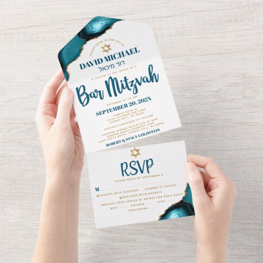 Bar Mitswa Modern Turquoise Agaat Script Feestje All In One Uitnodiging (Afscheurbaar)