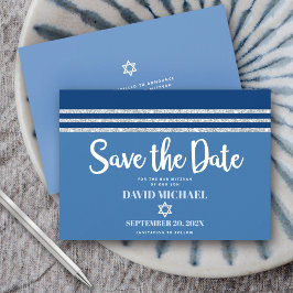 Bar Mitswa Modern Vet Blau Zilver Talliet Schrift Save The Date