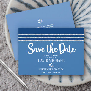 Bar Mitswa Modern Vet Blau Zilver Talliet Schrift Save The Date