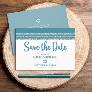 Bar Mitswa Modern Vet Teal Zilver Talliet Schrift Save The Date