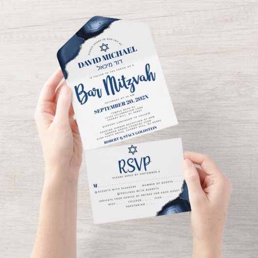 Bar Mitswa Navy Blauwe Agate Script Feest Modern All In One Uitnodiging (Afscheurbaar)