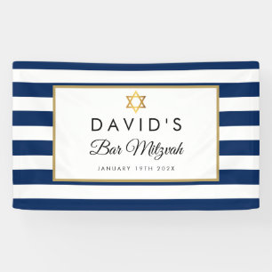 Bar Mitswa Navy Blauwe Witte Streep Goud Spandoek