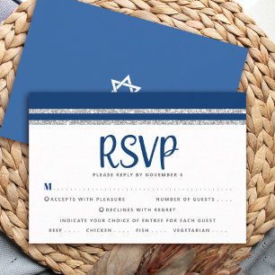 Bar Mitswa Navy Blauwe Zilveren Tallit Script Inga RSVP Kaartje