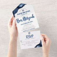Bar Mitswa Navy Blue Agate Script Party Modern