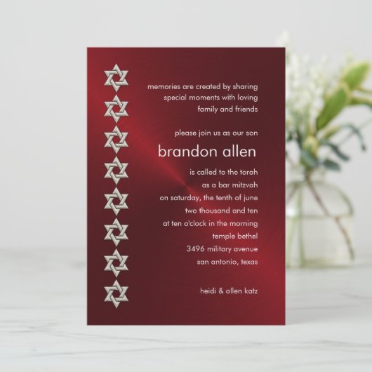 Bar Mitswa Rood Glans Zilveren Davidsterren Kaart (Staand voorkant)