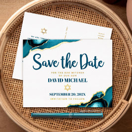Bar Mitswa Save Date Turquoise Agate Echt Goud Folie Uitnodiging Briefkaart