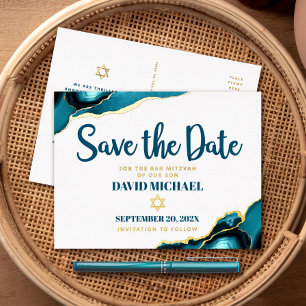 Bar Mitswa Save Date Turquoise Agate Echt Goud Folie Uitnodiging Briefkaart