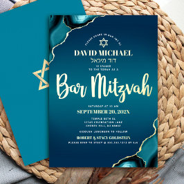 Bar Mitswa script Turquoise Ombre Agaat Echt Goud Folie Uitnodiging