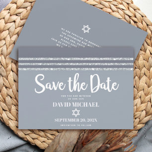 Bar Mitswa Stout Modern Grijs Zilver Tallit Schrif Save The Date