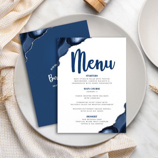 Bar Mitswa Stout Modern Navy Blauwe Agate Script Menu