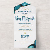 Bar Mitswa Stout Moderne Turquoise Agaat Script All In One Uitnodiging (Binnen)