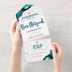 Bar Mitswa Stout Moderne Turquoise Agaat Script All In One Uitnodiging