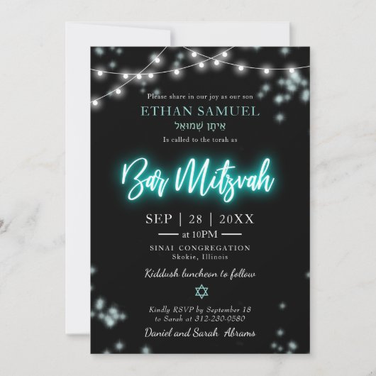 Bar Mitswa Turquoise Neon Thema Kaart (Voorkant)